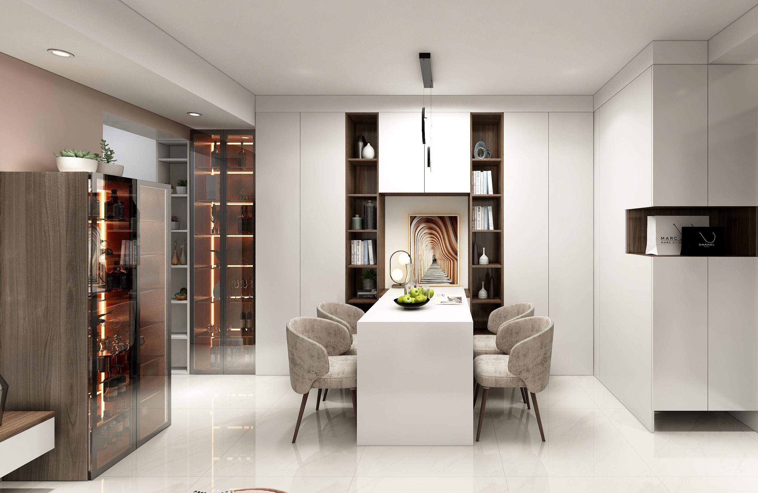 啥？她家玄關(guān)柜延到廚房，書架、酒柜、吧臺(tái)、餐桌全解決了！