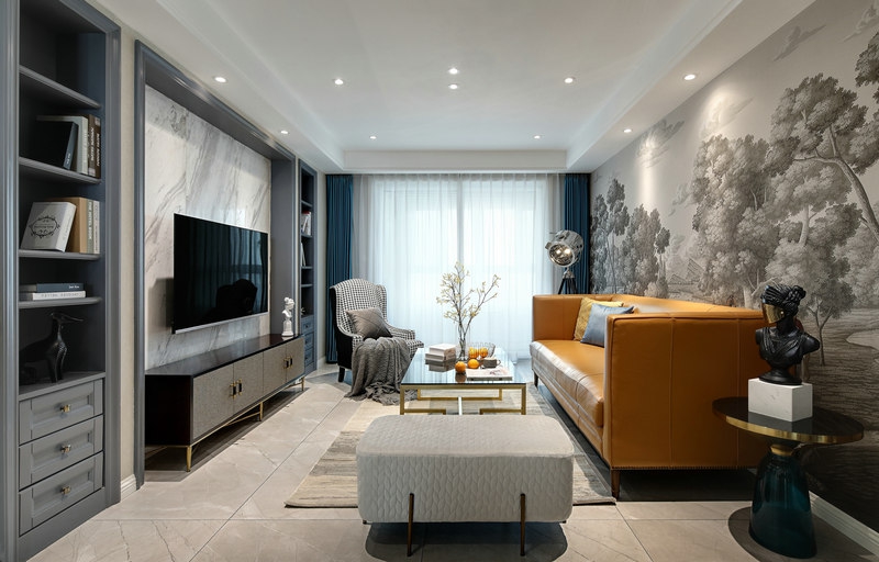 簡約擺件玩轉內斂輕奢美式風，整面墻的墨色復古壁畫真的很震撼！